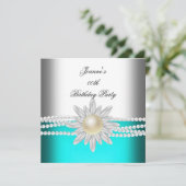 Birthday Aquamarin Blue Aqua White Pearl Blume Einladung (Stehend Vorderseite)