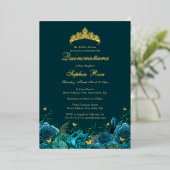 Birthday Aquamarin Blue Floral Butterfly Quinceane Folieneinladung (Stehend vorne)