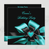 Birthday Aquamarin Blue Heart Black Bow Image Einladung (Vorne/Hinten)
