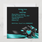 Birthday Aquamarin Blue Heart Black Bow Image Einladung (Rückseite)