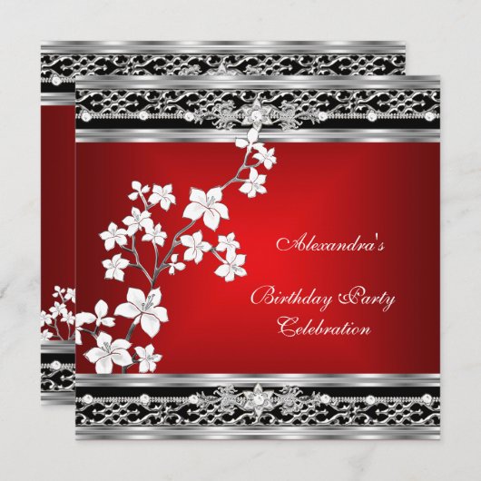 Birthday Asian Red Black Floral Silver White Einladung (Vorne/Hinten)