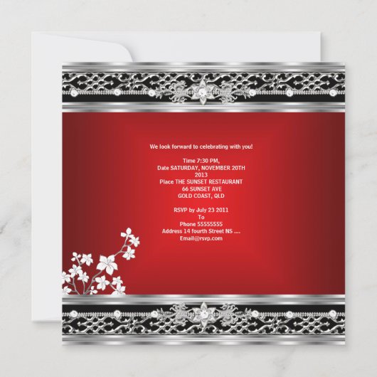 Birthday Asian Red Black Floral Silver White Einladung (Rückseite)