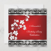 Birthday Asian Red Black Floral Silver White Einladung (Vorderseite)