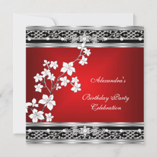 Birthday Asian Red Black Floral Silver White Einladung