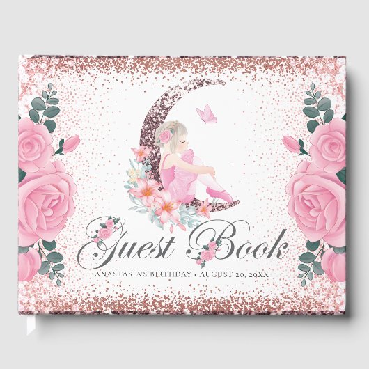 Birthday Ballerina Moon Pastel Pink Glitzer Gästebuch (Vorderseite)
