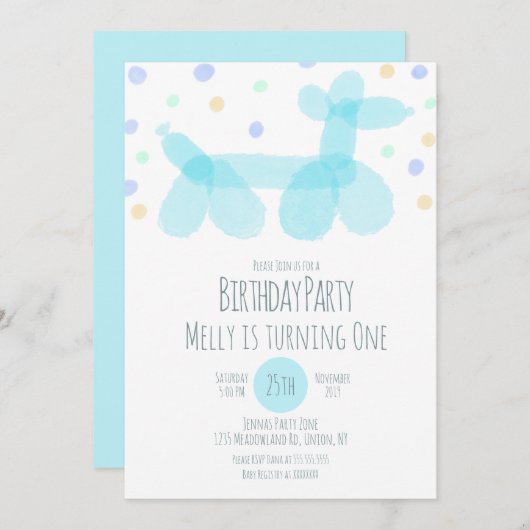 Birthday Balloon Animals Blue Pastel Einladung (Vorne/Hinten)