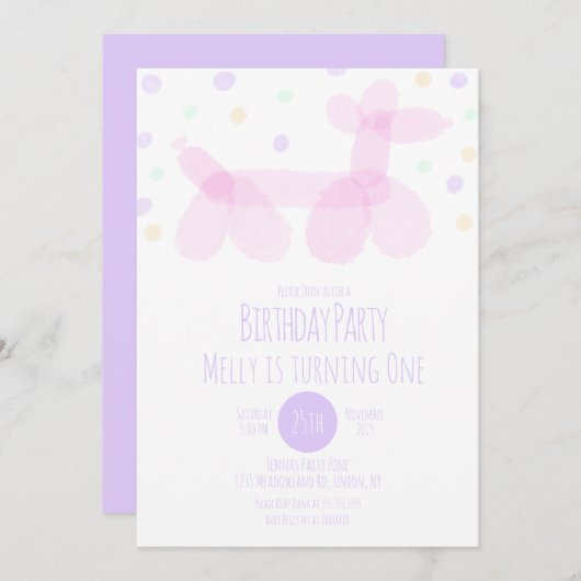Birthday Balloon Tiere Lila Pink Pastel Einladung (Vorne/Hinten)