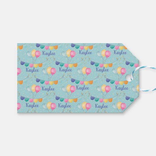 Birthday Balloons and Stars on Blue Geschenkanhänger (Vorderseite (Horizontal))