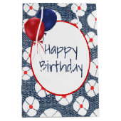 Birthday Balloons auf dem floralen Denim Medium Ge Mittlere Geschenktüte (Vorderseite)