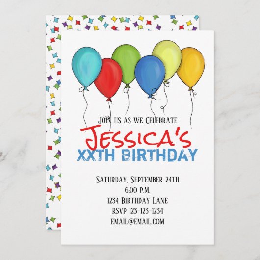 Birthday Balloons Confetti Modernes Party Einladung (Vorne/Hinten)