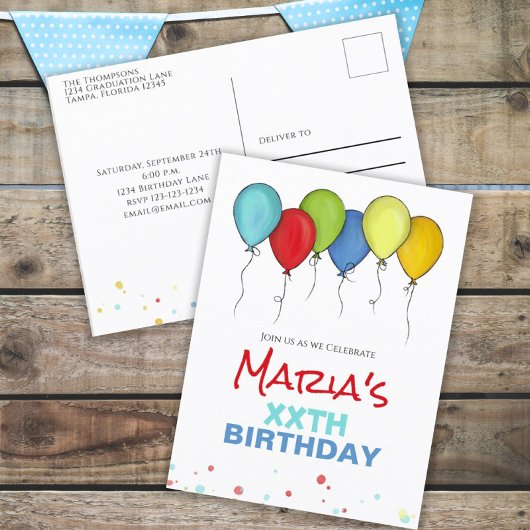 Birthday Balloons Confetti Modernes Party Niedlich Postkarte