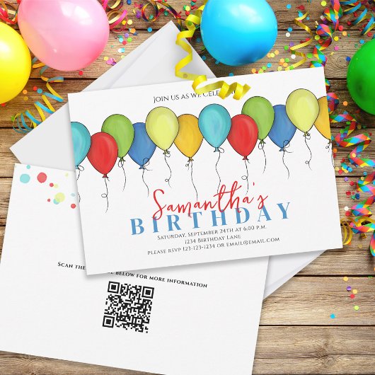 Birthday Balloons Confetti Modernes Party QR Code Einladung
