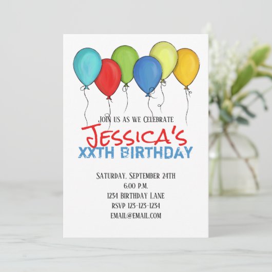 Birthday Balloons Confetti Party Modern Einladung (Stehend Vorderseite)