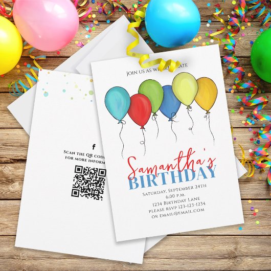 Birthday Balloons Confetti QR Code Social Media Einladung