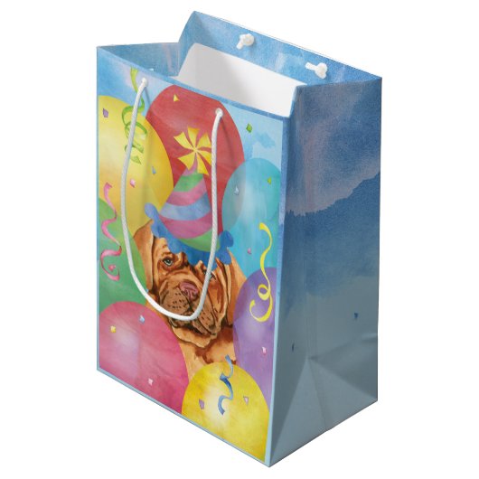 Birthday Balloons Dogue de Bordeaux Mittlere Geschenktüte (Vorderseite Schrägansicht)