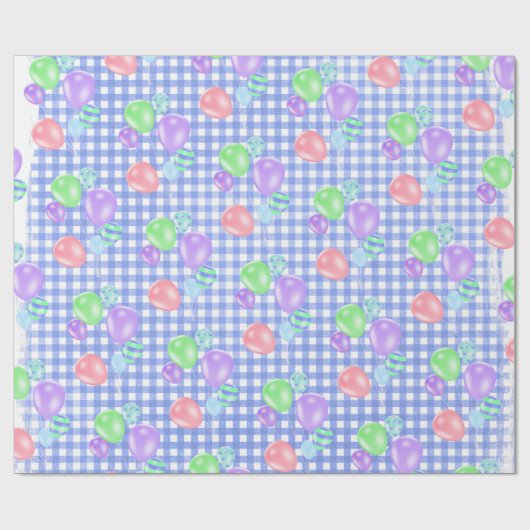 Birthday Balloons on Blue Gingham Wrapping Paper Geschenkpapier (Flach)
