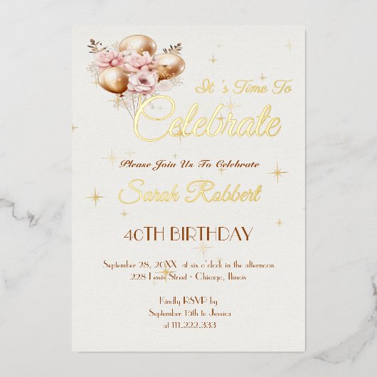 Birthday Balloons Real Gold Folieneinladung (Vorderseite)