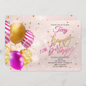 Birthday Balloons Rosa Einladung (Vorne/Hinten)