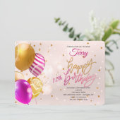 Birthday Balloons Rosa Einladung (Stehend Vorderseite)