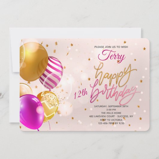 Birthday Balloons Rosa Einladung (Vorderseite)