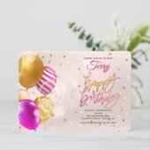 Birthday Balloons Rosa Einladung (Stehend Vorderseite)