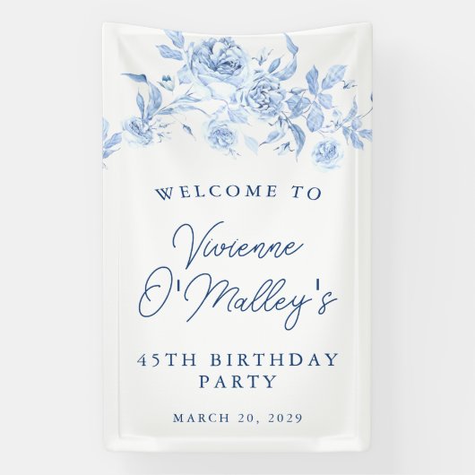 Birthday Banner 45th Birthday Party Blue Floral (Vertikal)