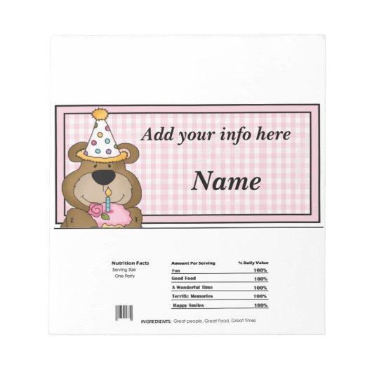 Birthday Bar Candy Bar Wrapper Gastgeschenke Notizblock (Vorderseite)