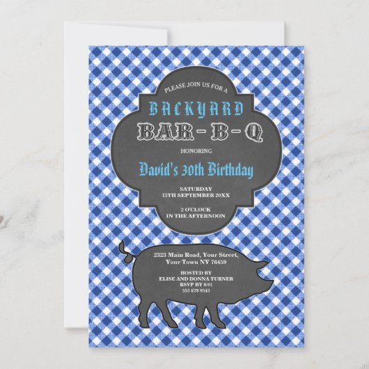 Birthday BARBEQUE Chalk Blue Gingham Einladung (Vorderseite)