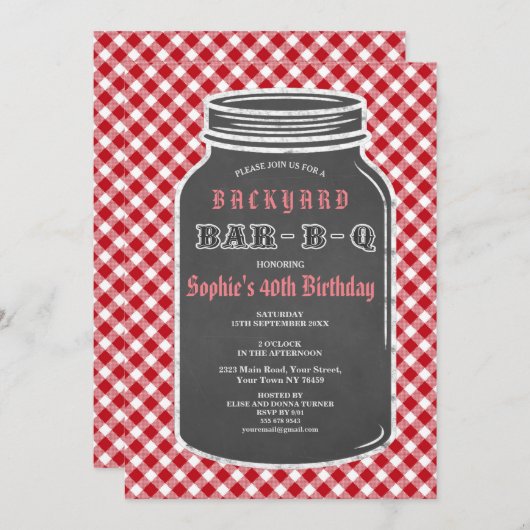 Birthday BARBEQUE Mason Jar Gingham Einladung (Vorne/Hinten)