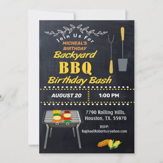Birthday Bash Chalkboard Backyard Barbecue Invita Einladung (Vorderseite)