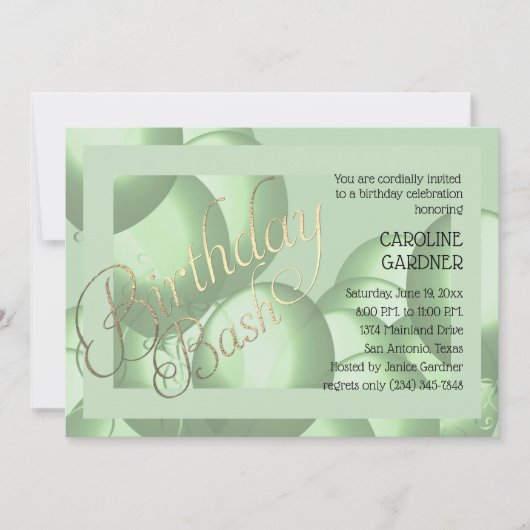 Birthday Bash Grün Balloons jeden farblichen Hinte Einladung (Vorderseite)