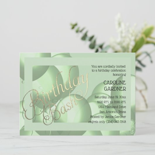 Birthday Bash Grün Balloons jeden farblichen Hinte Einladung (Stehend Vorderseite)