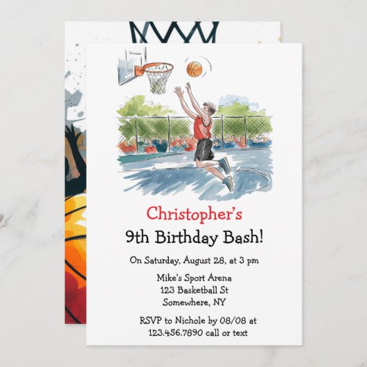 Birthday Bash: Hoops und Hype Einladung (Vorne/Hinten)