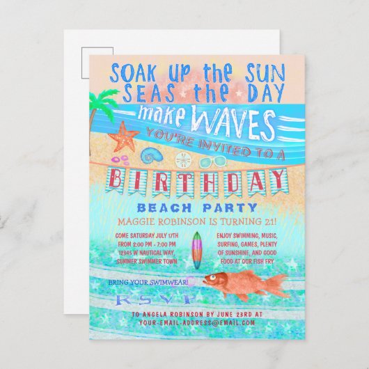 Birthday Beach oder Pool Party Sommerfrische schwi Einladungspostkarte (Vorne/Hinten)