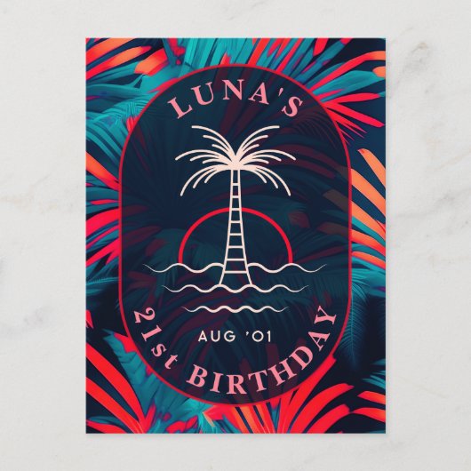 Birthday Beach Party Palm Blätter Sonnenuntergang Postkarte (Vorderseite)