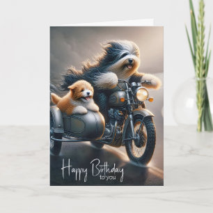 Birthday Bearded Collie auf Motorrad Karte