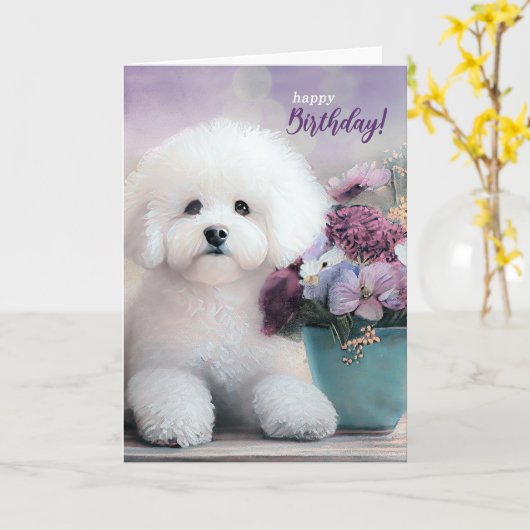 Birthday Bichon Frise Dog with Purple Flowers Karte (Gelbe Blume)