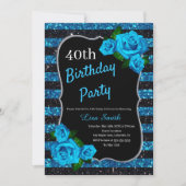 Birthday Black Blue Stripes Glitzer Blue Rose Einladung (Vorderseite)