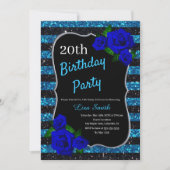 Birthday Black Blue Stripes Glitzer Deep Blue Rose Einladung (Vorderseite)