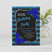 Birthday Black Blue Stripes Glitzer Deep Blue Rose Einladung (Stehend Vorderseite)