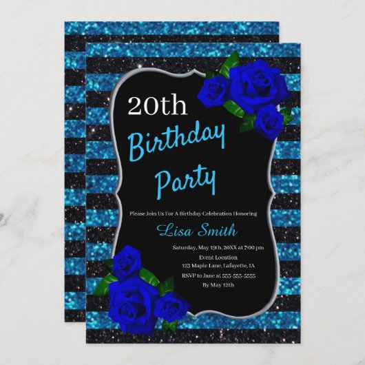 Birthday Black Blue Stripes Glitzer Deep Blue Rose Einladung (Vorne/Hinten)