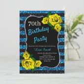 Birthday Black Blue Stripes Glitzer Gelbe Rosen Einladung (Stehend Vorderseite)