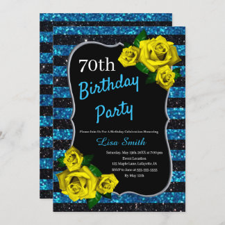 Birthday Black Blue Stripes Glitzer Gelbe Rosen Einladung