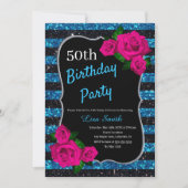 Birthday Black Blue Stripes Glitzer Rosa Roses Einladung (Vorderseite)