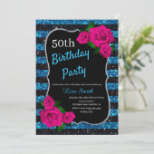 Birthday Black Blue Stripes Glitzer Rosa Roses Einladung (Stehend Vorderseite)