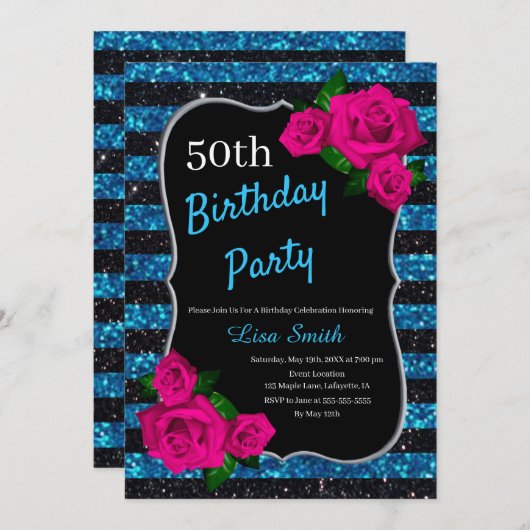 Birthday Black Blue Stripes Glitzer Rosa Roses Einladung (Vorne/Hinten)