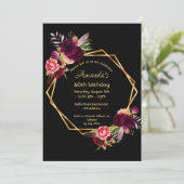 Birthday Black burgundy Blumengold geometrisch Einladung (Stehend Vorderseite)