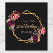 Birthday Black burgundy Gold geometrisch blumenrei Weinetikett (Einzelnes Label)