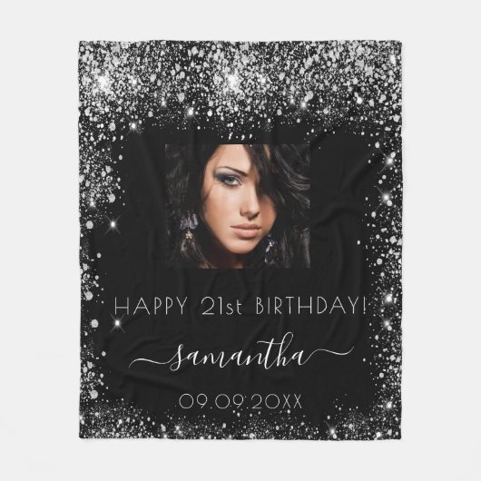 Birthday Black Custom Foto Silber Glitzer Name Fleecedecke (Vorderseite)