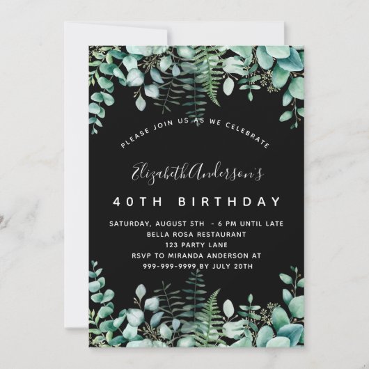 Birthday Black Eukalyptus Grünwald Einladung (Vorderseite)